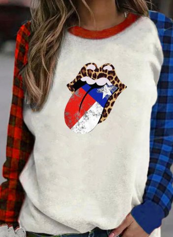 Women's Sweatshirt Plaid Color Block Lip Print Round Neck Long Sleeve Casual Daily Pullovers
