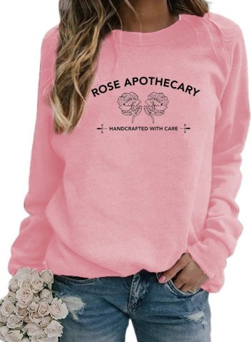 Women' Rose Apothecary Handcrafted With Care Sweatshirts Crew Neck Long Sleeve Plants Print Sweatshirts