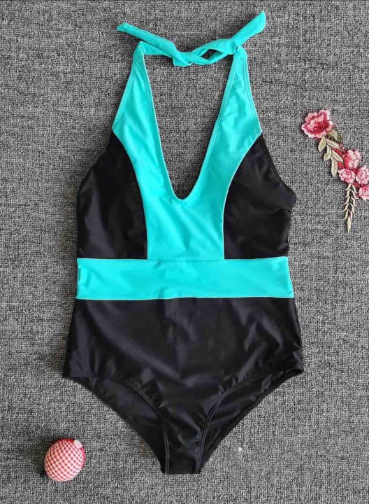 Women's One-Piece Swimsuits One-Piece Bathing Suits Color Block Halter Casual One-Piece Swimsuit