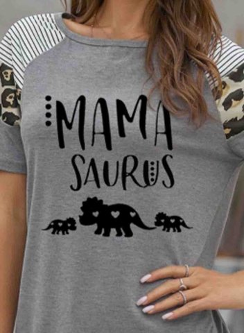 Women's Mama Saurus T-shirts Striped Leopard Letter Short Sleeve Round Neck Daily Casual T-shirt