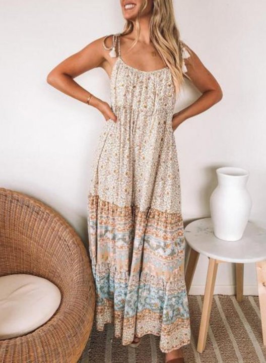 Women's Maxi Dresses Tassels Fit & Flare Floral Sleeveless Spaghetti Daily Boho Maxi Dress