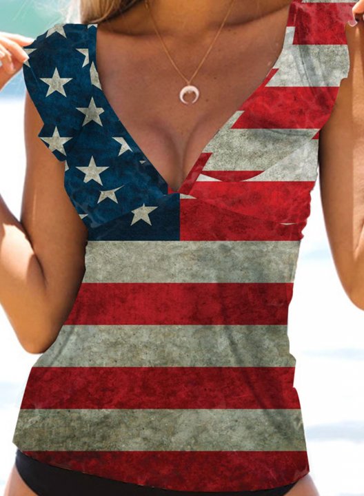 Women's Tankinis American Flag V Neck Padded Ruffle Tankini