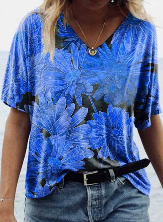 Women's T-shirts Floral Print Short Sleeve V Neck Daily T-shirt