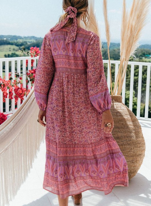 Women's Midi Dresses Tassels Fit & Flare Floral Long Sleeve V Neck Vacation Vintage Midi Dress