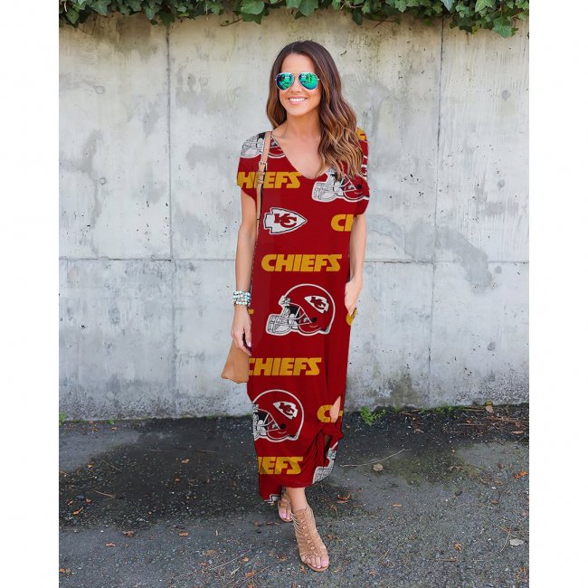 V-neck Kansas City Chiefs Print Short Sleeve Loose Long Dress