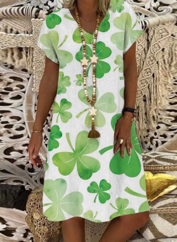 Women's Shamrock Print Mini Dresses St Patrick's Day Short Sleeve V Neck Dress