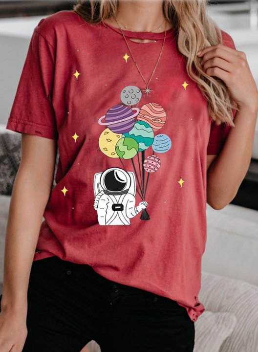 Women's 3D Graphic T-shirts Color Block Astronaut Planet Short Sleeve Round Neck Casual T-shirt