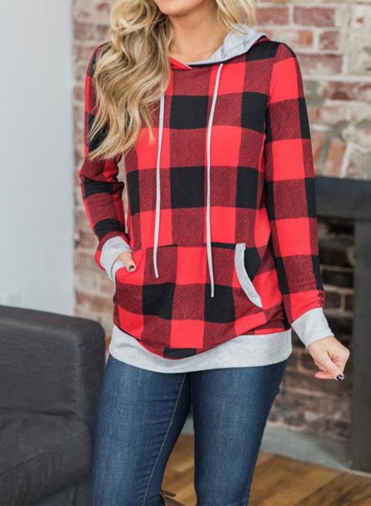 Red Plaid Pocket Long Sleeve Hoodie