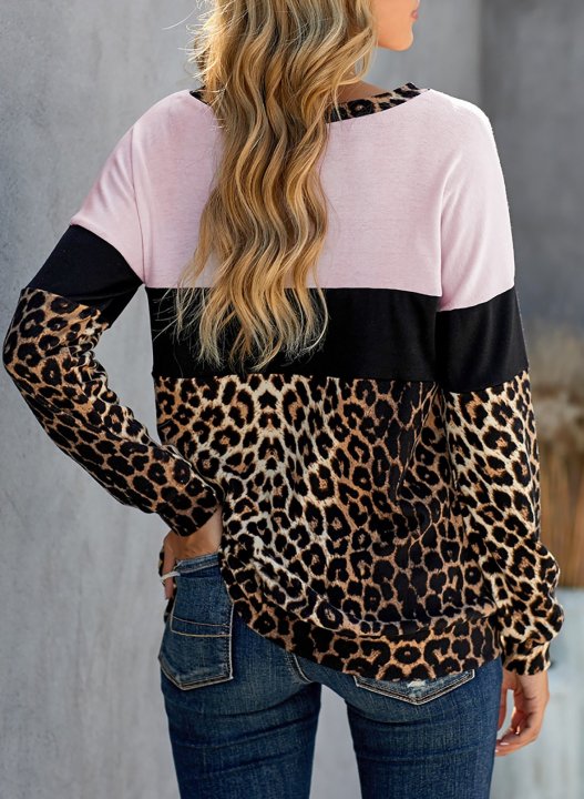 Leopard/Color Block Long Sleeve Round Neck Sweatshirt