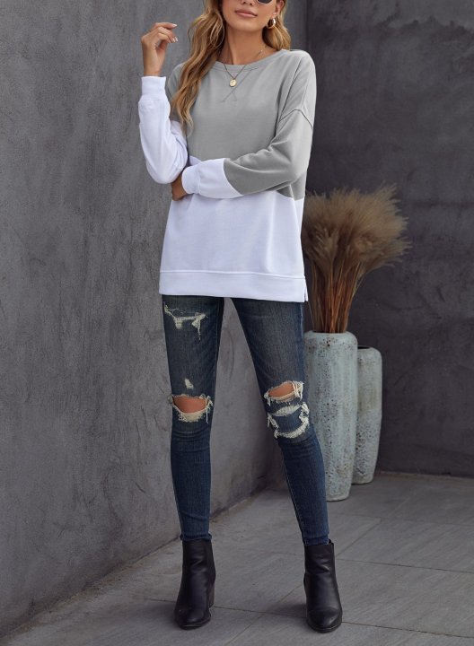 Color Block Long Sleeve Round Neck Casual Sweatshirt