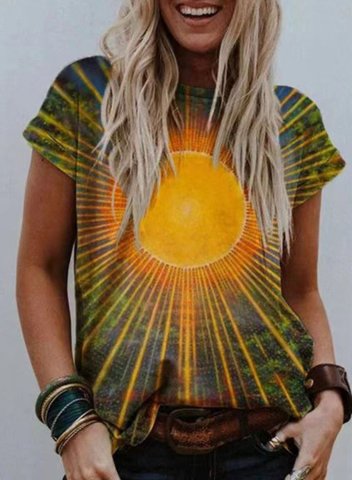 Women's T-shirts Sun Color Block Print Short Sleeve Round Neck Daily T-shirt