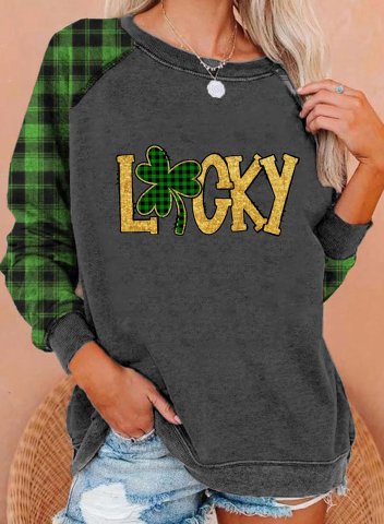 Women's St Patrick's Day Sweatshirts Plaid Lucky Cluver Print Long Sleeve Round Neck Casual Sweatshirt