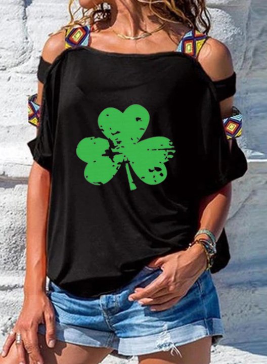 Women's St.Patrick's Day Shamrock T-shirts Color Block Cold Shoulder Plant Square Neck Short Sleeve Daily T-shirts