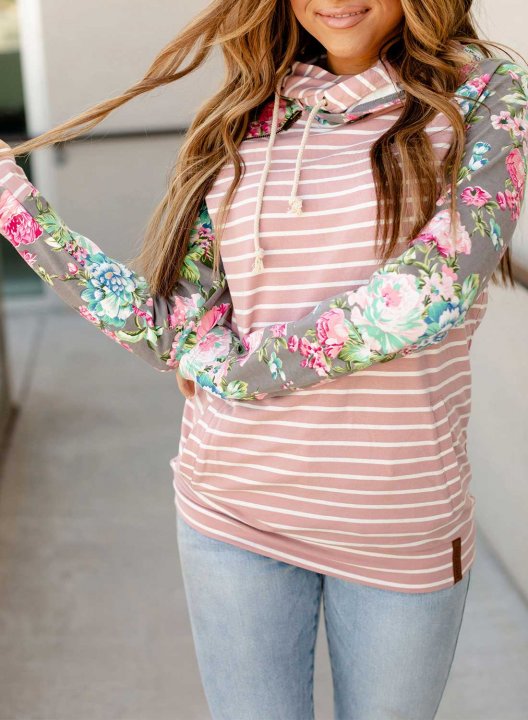 Women Floral Strioed Long Sleeve Hooded Top