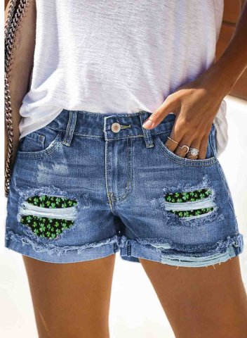 Women's Shorts Straight Fruits Plants Shamrocks Print Mid Waist Daily Ripped Jeans Shorts