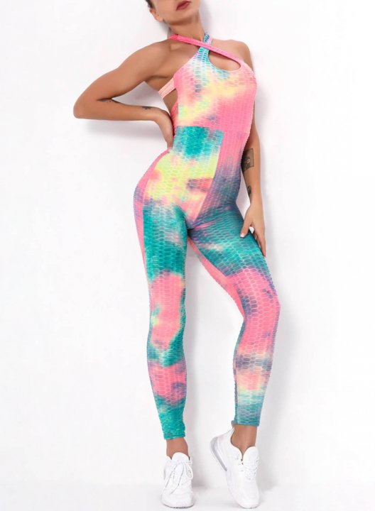 Women's Jumpsuits Color Block Tiedye High Waist Full Length Casual Cut-out Jumpsuits