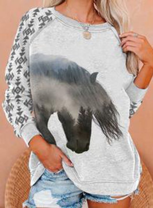 Women's Pullovers Casual Horse Color Block Round Neck Long Sleeve Daily Pullovers