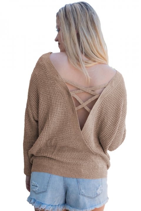 Women's Sweaters Cross Back Hollow-out Knitted Pullover Sweaters