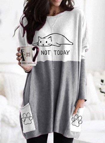Women's Cat Not Today Print Tunic Tops Color-block Letter Long Sleeve Round Neck Pocket Daily Sweatshirt