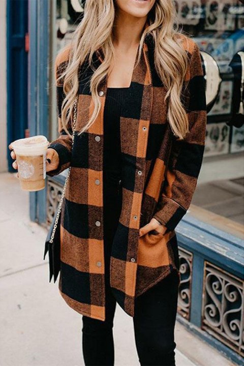 Buttons Up Plaid Print Long Coat