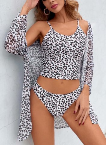 Women's Bikinis Suit Leopard Sleeveless Spaghetti Vacation Bikini With Cove-ups