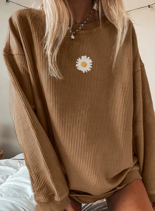 Solid Round Neck Little Daisy Long Sleeve Sweatshirt