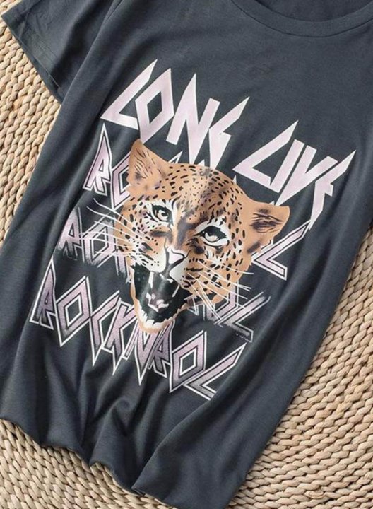 Women's T-shirts Animal Print Letter Rock Short Sleeve Round Neck Daily T-shirt