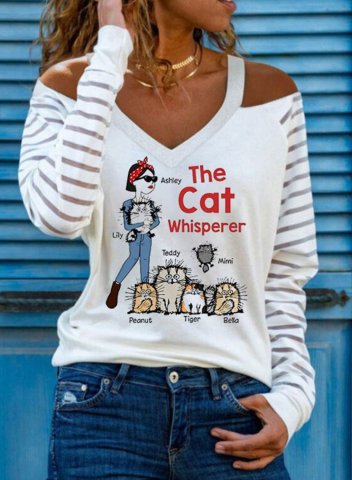 Women's T-shirts Letter Animal Print V Neck Cold Shoulder Long Sleeve Casual Daily T-shirts
