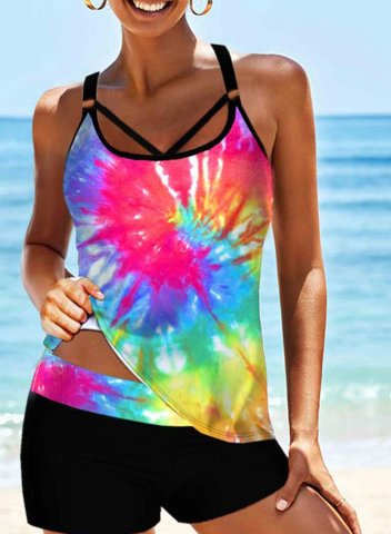 Women's Tankinis Mid Waist Criss Cross Padded Multicolor U Neck Tankini Set