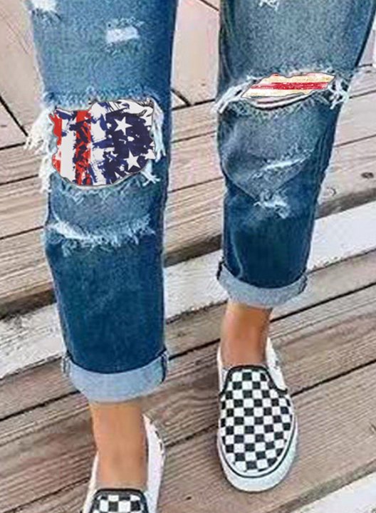 Women's Ripped Jeans Straight Striped Flag Star Cut-out Mid Waist Ankle-length Casual Daily Ripped Jeans