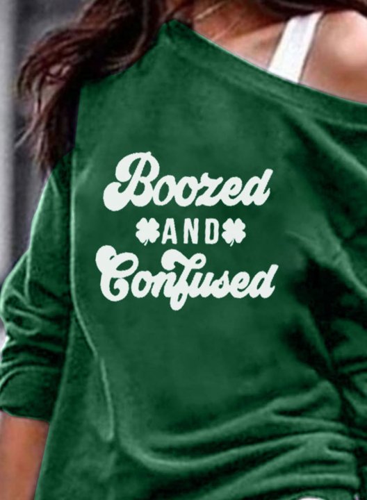 Women's St Patrick's Day Sweatshirts Boozed & Confused Print Long Sleeve Off Shoulder Casual Sweatshirt