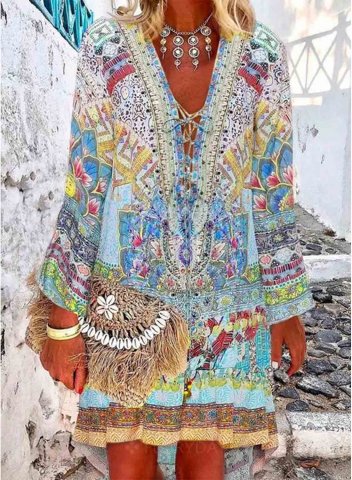 Women's Dresses Floral Multicolor Knee Length Long Sleeve Flare V Neck Boho Criss Cross Knot Dress