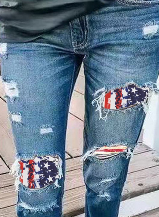 Women's Ripped Jeans Straight Striped Flag Star Cut-out Mid Waist Ankle-length Casual Daily Ripped Jeans