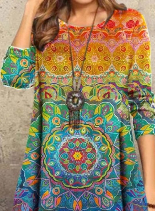 Women's Midi Dresses Tribal Multicolor Long Sleeve Fit Flare Round Neck Dress