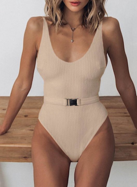 Women's One-Piece Swimsuits One-Piece Bathing Suits Solid U Neck Belt Basic One-Piece Swimsuit