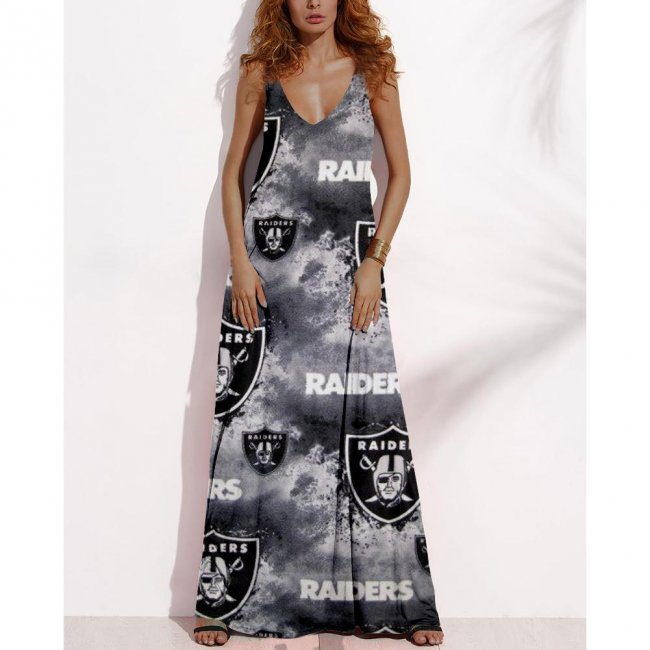 Women's Summer LAS VEGAS RAIDERS Fan Print V-neck Sleeveless Loose Long A-line Dress