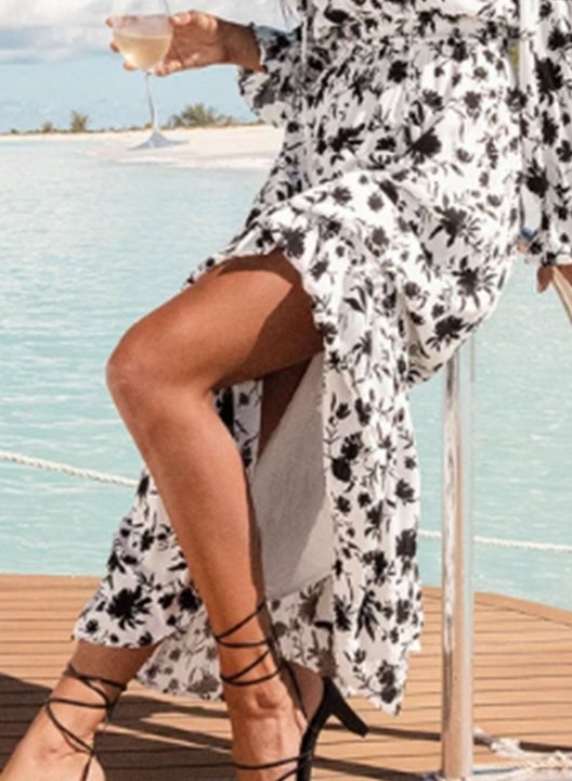 Women's Maxi Dress Split Fruits & Plants Color Block Fit & Flare Long Sleeve Turn Down Collar Summer Casual Beach Maxi Dress