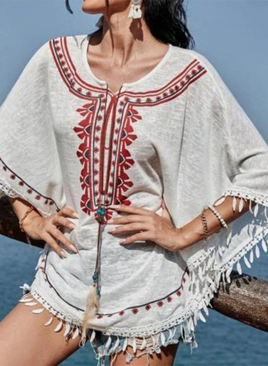 Women's Blouses Color Block Tropical Half Sleeve Round Neck Vacation Fringe Tassels Blouse