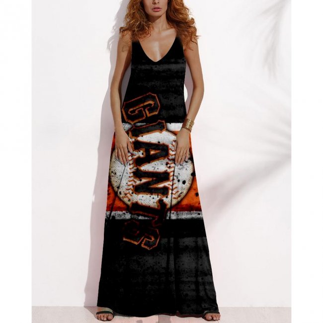 Women's Summer SAN FRANCISCO GIANTS Fan Print V-neck Sleeveless Loose Long A-line Dress