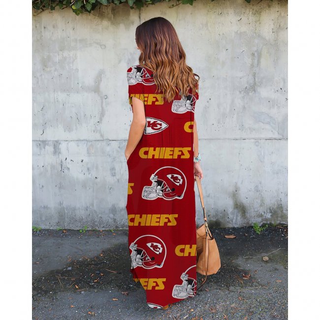 V-neck Kansas City Chiefs Print Short Sleeve Loose Long Dress