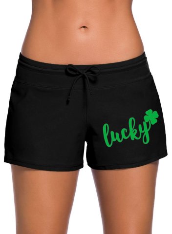 Women's Swim Shorts Mid Waist Letter Clover Knot Drawstring Swim Shorts