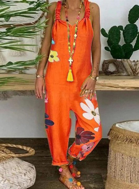 Women's Jumpsuits Knot Straight Plants-print High Waist Ankle-length Casual Jumpsuits