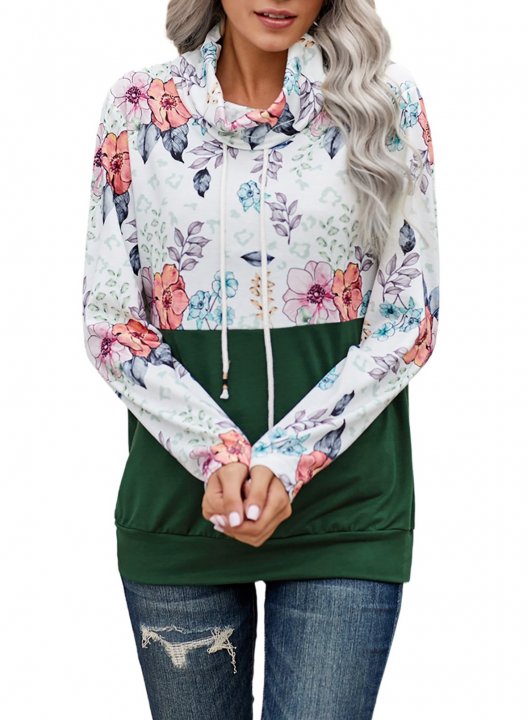 Color Block Long Sleeve High Neck Floral Sweatshirt