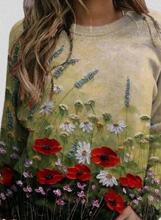 Women's Sweatshirt Floral Painting Long Sleeve Round Neck Casual Pullovers