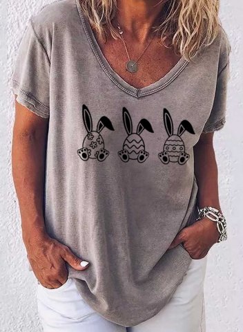 Women's T-shirts Rabbit Festival Print Short Sleeve V Neck Daily T-shirt