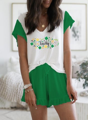 Women's Loungewear Sets Letter Lucky Clover 2-Piece Short Sleeve Daily Casual Drawstring Lounge Set