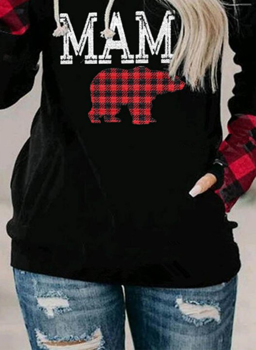 Women's Mama Bear Hoodies Plaid Cowl Neck Drawstring Hoodie