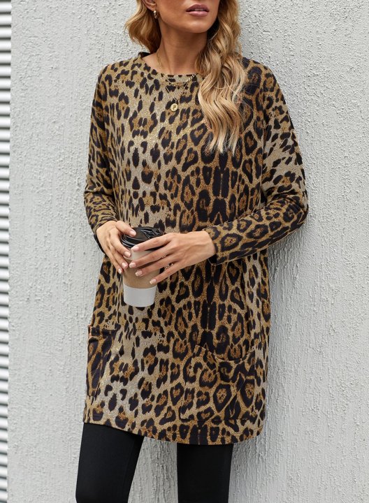 Leopard Round Neck Long Sleeve Tunic Sweatshirt