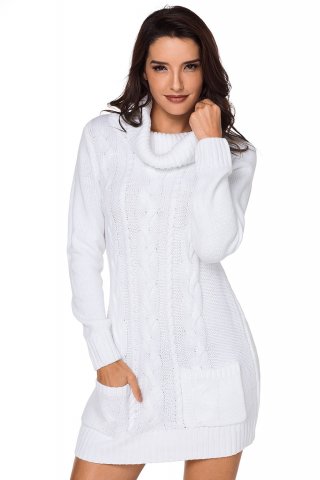 Women's Sweater Dresses Cowl Neck Cable Knit Pocketed Mini Sweater Dresses