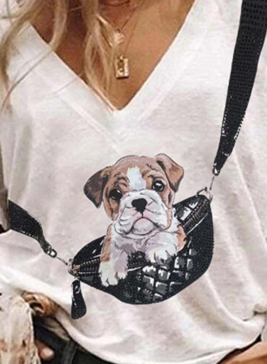 Women's T-shirts Solid Dog Print Short Sleeve V Neck Casual T-shirt